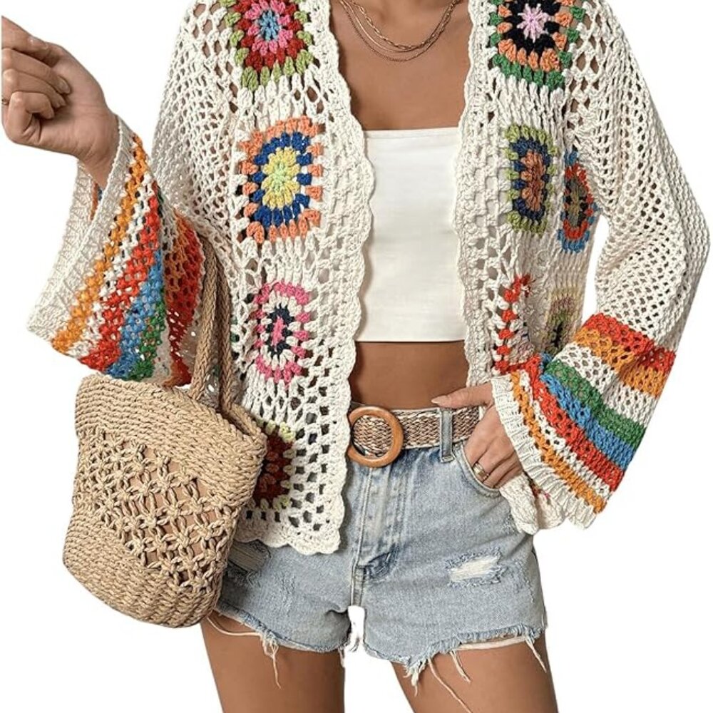 Ivory Multicolor Crochet Patchwork Open Boho Bohe… - image 3